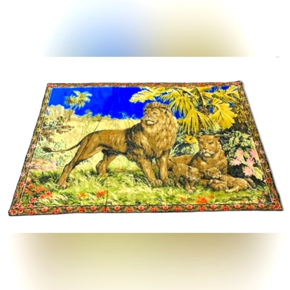 Vintage Wall Art Tapestry Lions Cub Jungle Huge Velvet 68.5 x 48 Gorgeous!
